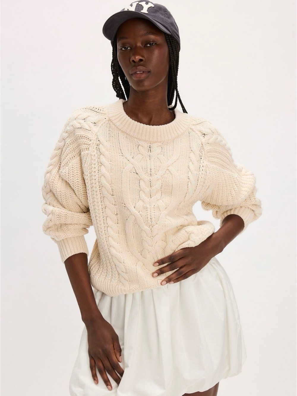 Free People Chunky Cable Crewneck Sweater in Cream